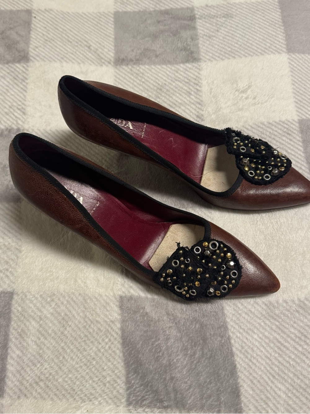 Prada Brown Pointed Toe Embellished Flats with Black Applique